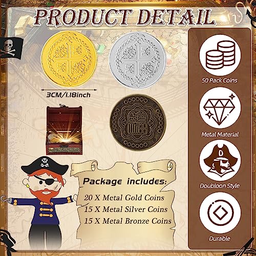 50 Pack Metal Pirate Coins Gold Silver Bronze - Hanaive Fake Treasure Coins for Party Decor