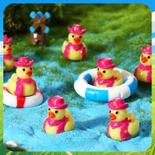 50 Pcs Mini Resin Cowboy Ducks - Tiny Yellow Duck Figurines with Cowboy Hats - Pink