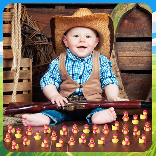 50 Pcs Mini Resin Cowboy Ducks - Tiny Yellow Duck Figurines with Cowboy Hats - Pink