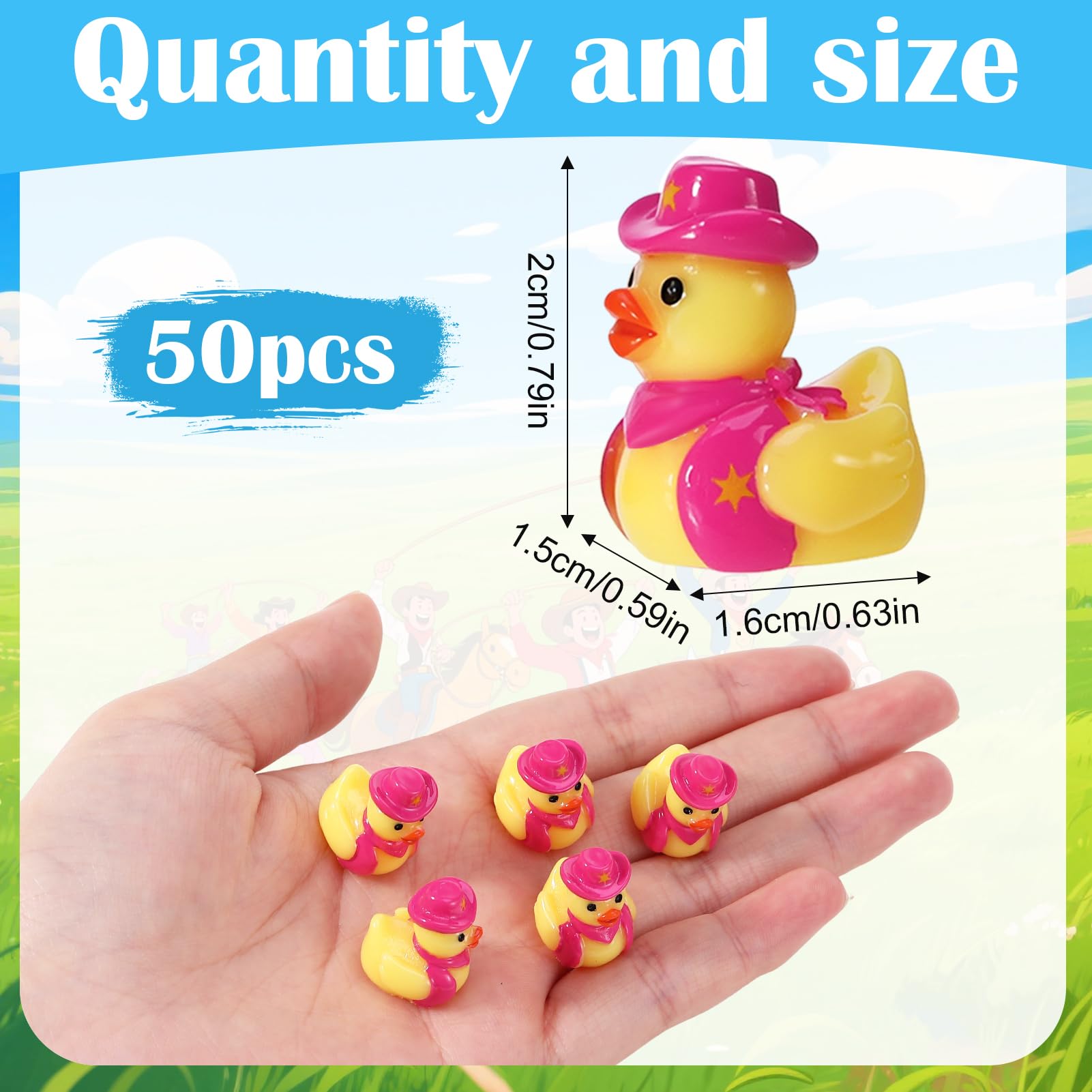 50 Pcs Mini Resin Cowboy Ducks - Tiny Yellow Duck Figurines with Cowboy Hats - Pink