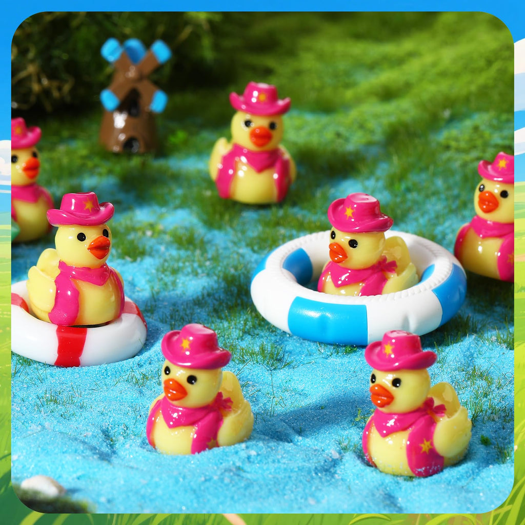 50 Pcs Mini Resin Cowboy Ducks - Tiny Yellow Duck Figurines with Cowboy Hats - Pink