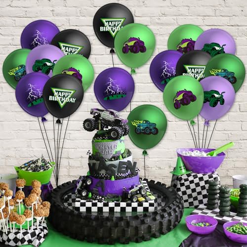 50-Piece Monster Truck Balloon Kit – Green and Purple Latex Balloons with Lightning Print
