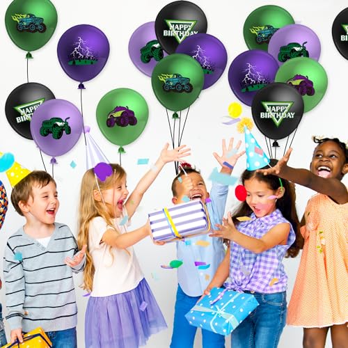 50-Piece Monster Truck Balloon Kit – Green and Purple Latex Balloons with Lightning Print