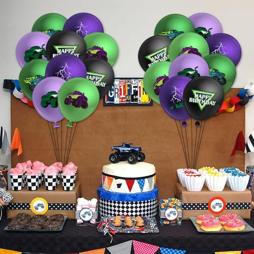50-Piece Monster Truck Balloon Kit – Green and Purple Latex Balloons with Lightning Print