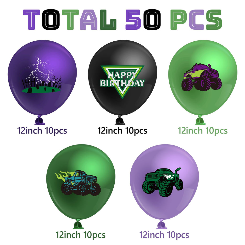 50-Piece Monster Truck Balloon Kit – Green and Purple Latex Balloons with Lightning Print