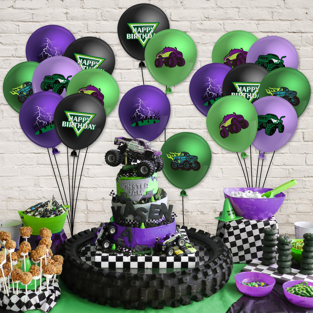 50-Piece Monster Truck Balloon Kit – Green and Purple Latex Balloons with Lightning Print
