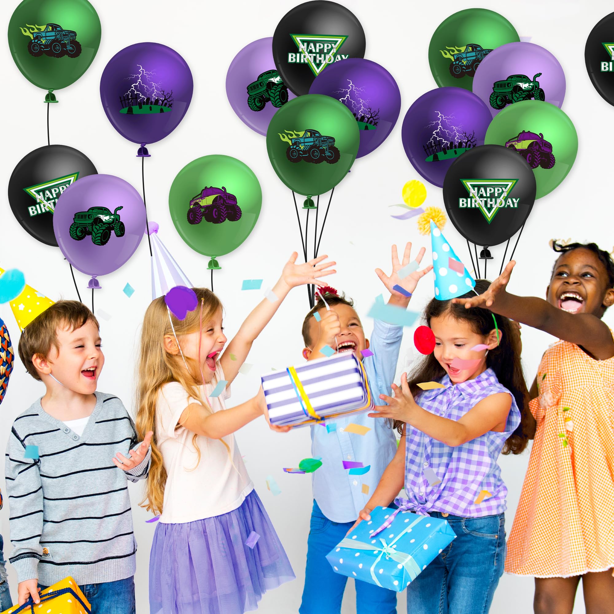 50-Piece Monster Truck Balloon Kit – Green and Purple Latex Balloons with Lightning Print