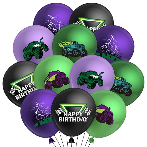 50-Piece Monster Truck Balloon Kit – Green and Purple Latex Balloons with Lightning Print