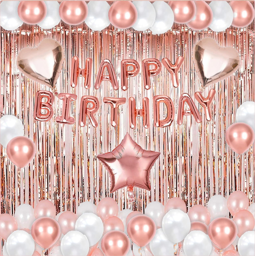 50-Piece Rose Gold Birthday Party Decoration Kit for Women – Banner, Balloons & Fringe Curtains