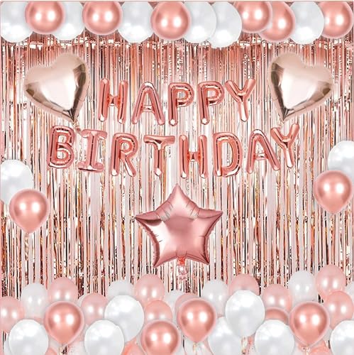 50-Piece Rose Gold Birthday Party Decoration Kit for Women – Banner, Balloons & Fringe Curtains