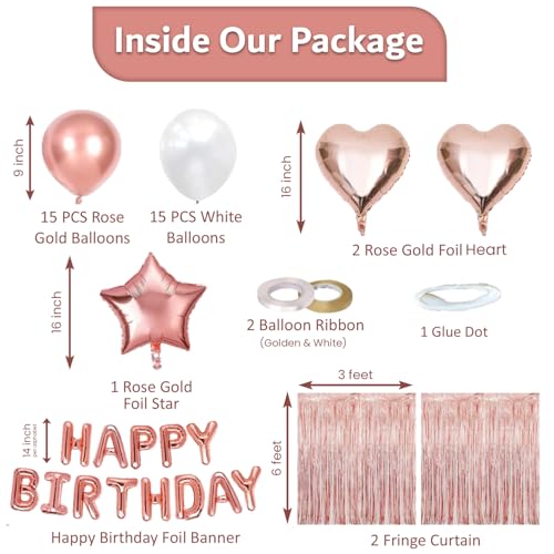50-Piece Rose Gold Birthday Party Decoration Kit for Women – Banner, Balloons & Fringe Curtains