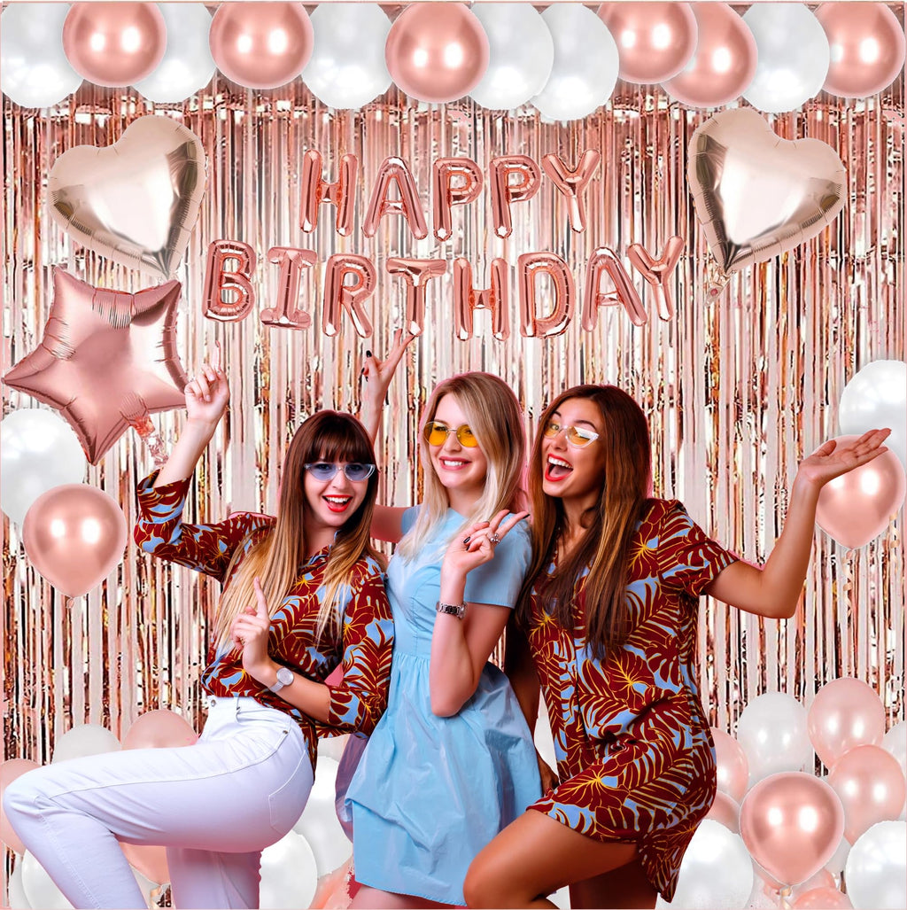 50-Piece Rose Gold Birthday Party Decoration Kit for Women – Banner, Balloons & Fringe Curtains