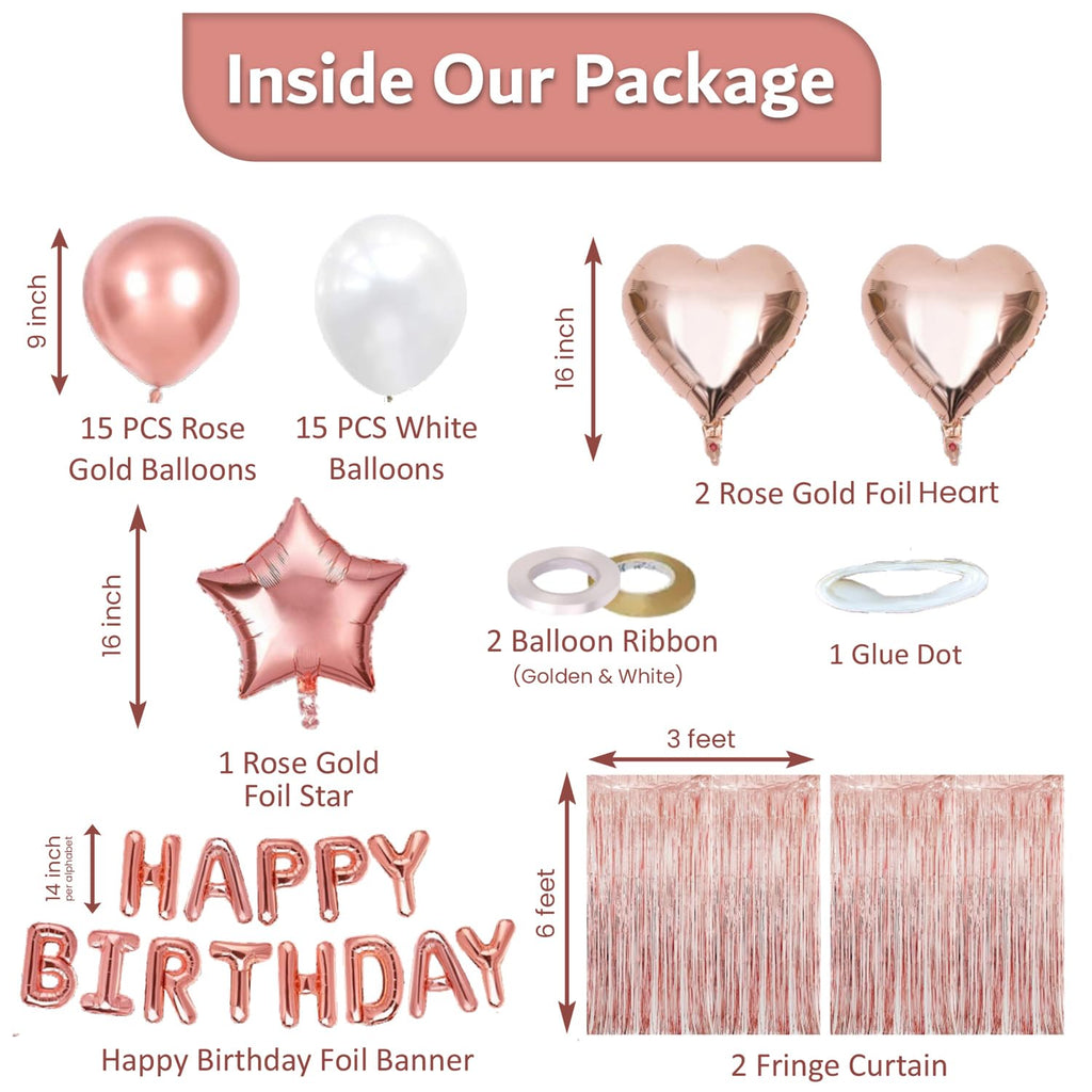 50-Piece Rose Gold Birthday Party Decoration Kit for Women – Banner, Balloons & Fringe Curtains