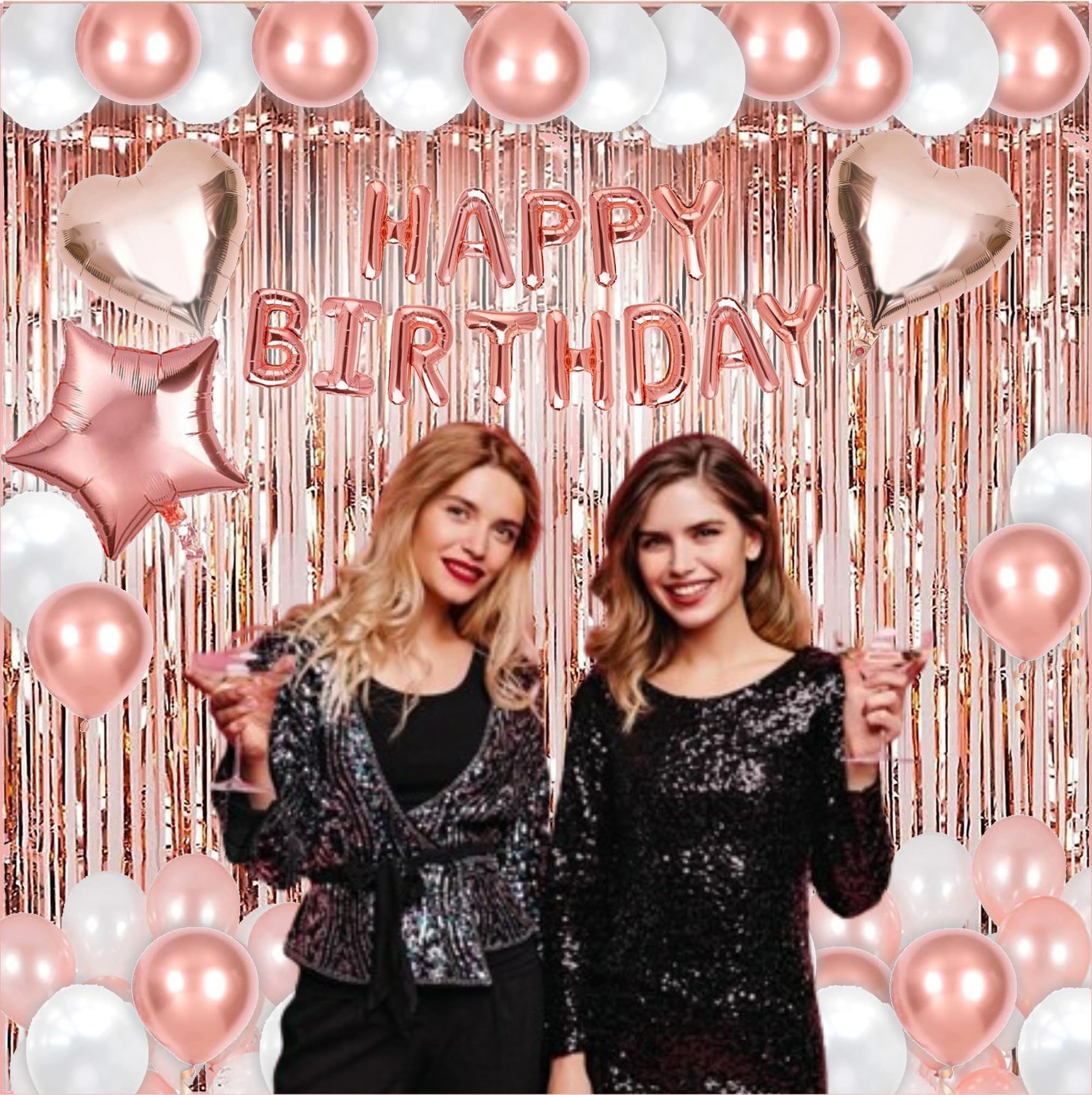 50-Piece Rose Gold Birthday Party Decoration Kit for Women – Banner, Balloons & Fringe Curtains