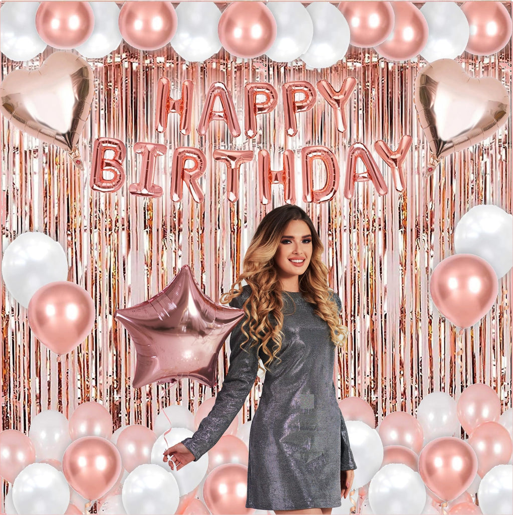50-Piece Rose Gold Birthday Party Decoration Kit for Women – Banner, Balloons & Fringe Curtains