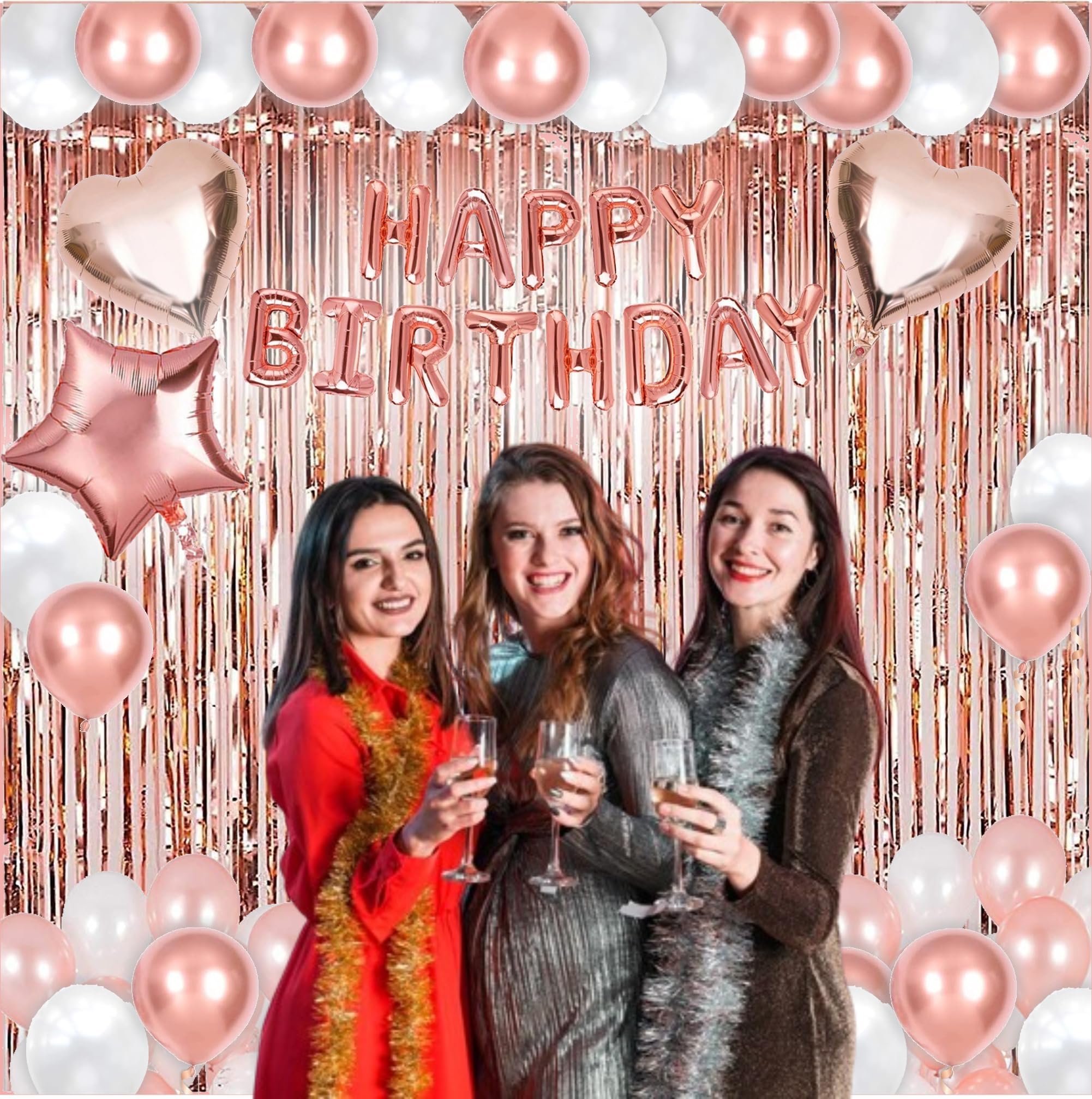 50-Piece Rose Gold Birthday Party Decoration Kit for Women – Banner, Balloons & Fringe Curtains