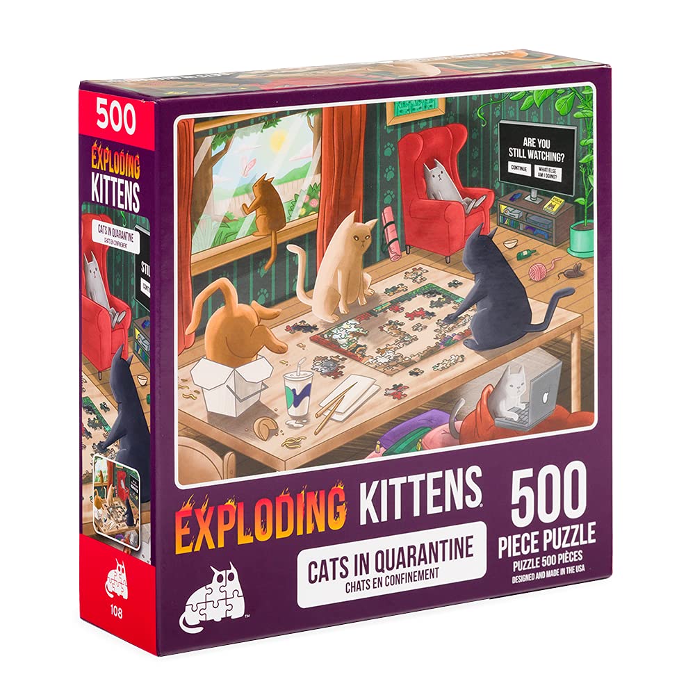 500-Piece Cats in Quarantine Jigsaw Puzzle by Exploding Kittens – 18x24 Inches, Eco-Friendly Blue Board, Funny Cat Art for Adults and Teens