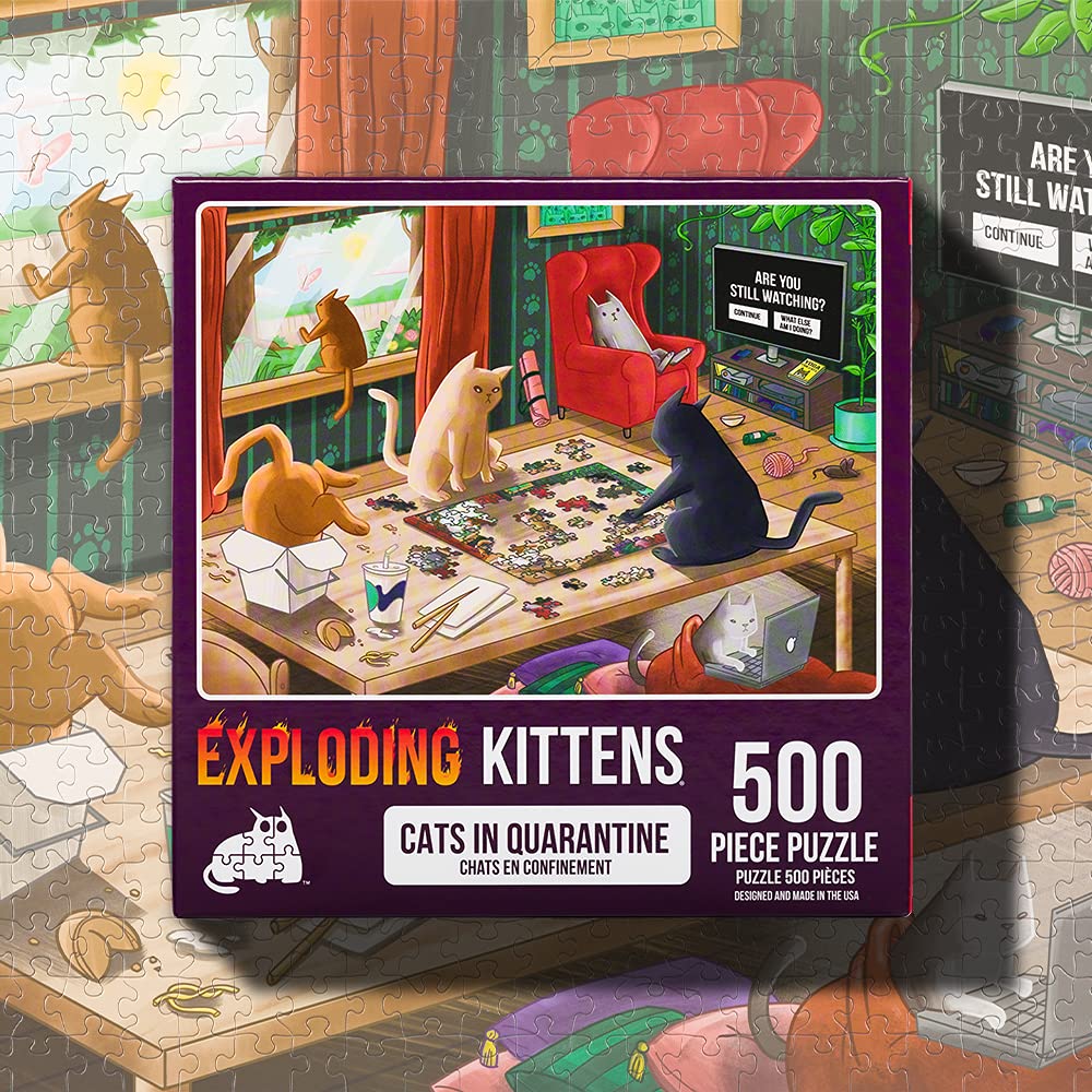 500-Piece Cats in Quarantine Jigsaw Puzzle by Exploding Kittens – 18x24 Inches, Eco-Friendly Blue Board, Funny Cat Art for Adults and Teens
