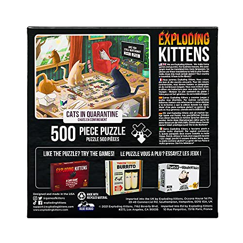 500-Piece Cats in Quarantine Jigsaw Puzzle by Exploding Kittens – 18x24 Inches, Eco-Friendly Blue Board, Funny Cat Art for Adults and Teens