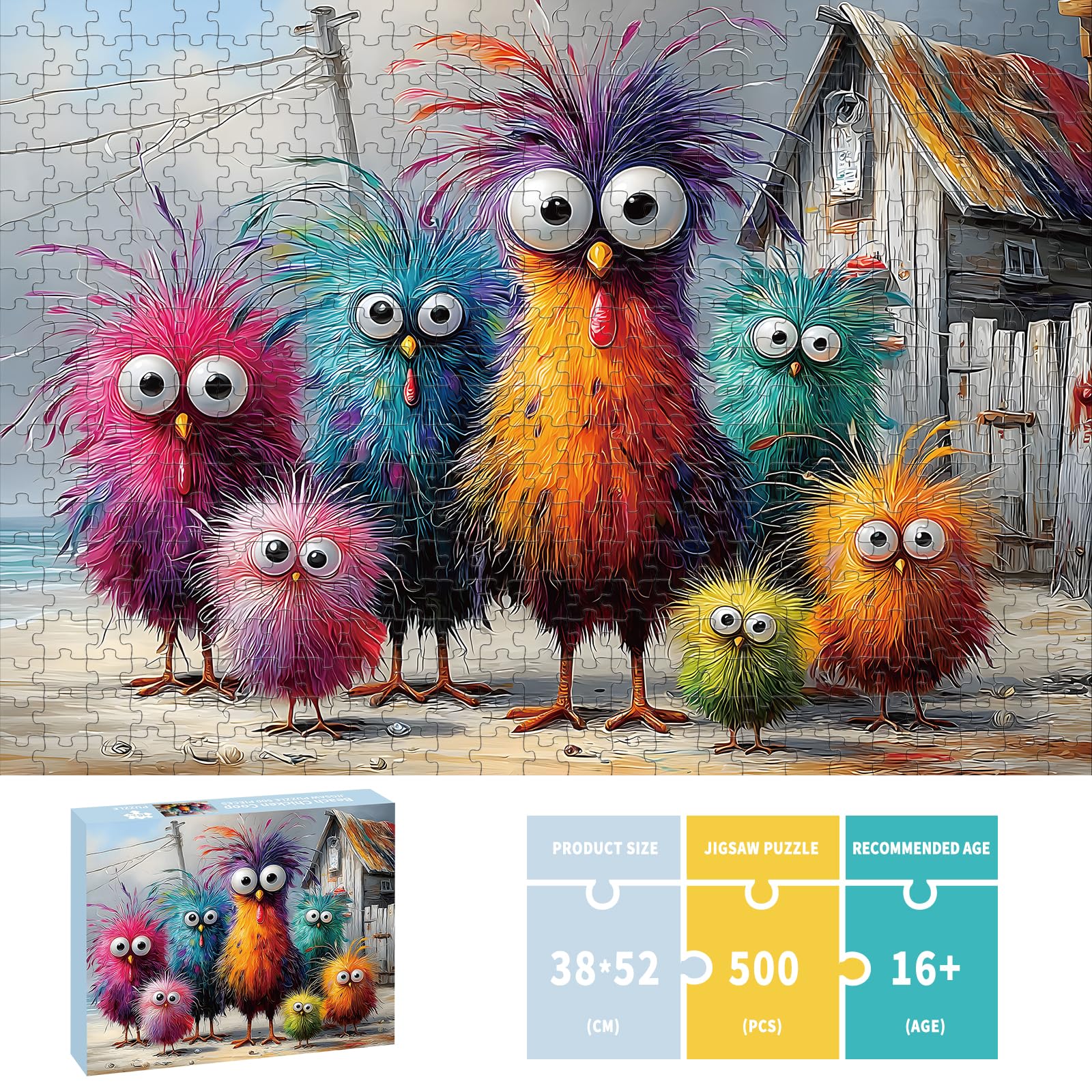 500-Piece Chicken Jigsaw Puzzle – Beach Coop Scene with Lettered Backs and Poster