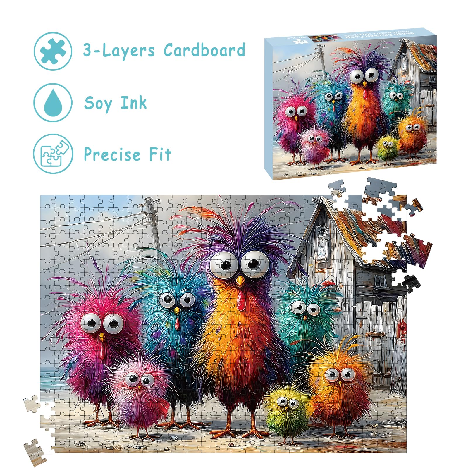 500-Piece Chicken Jigsaw Puzzle – Beach Coop Scene with Lettered Backs and Poster