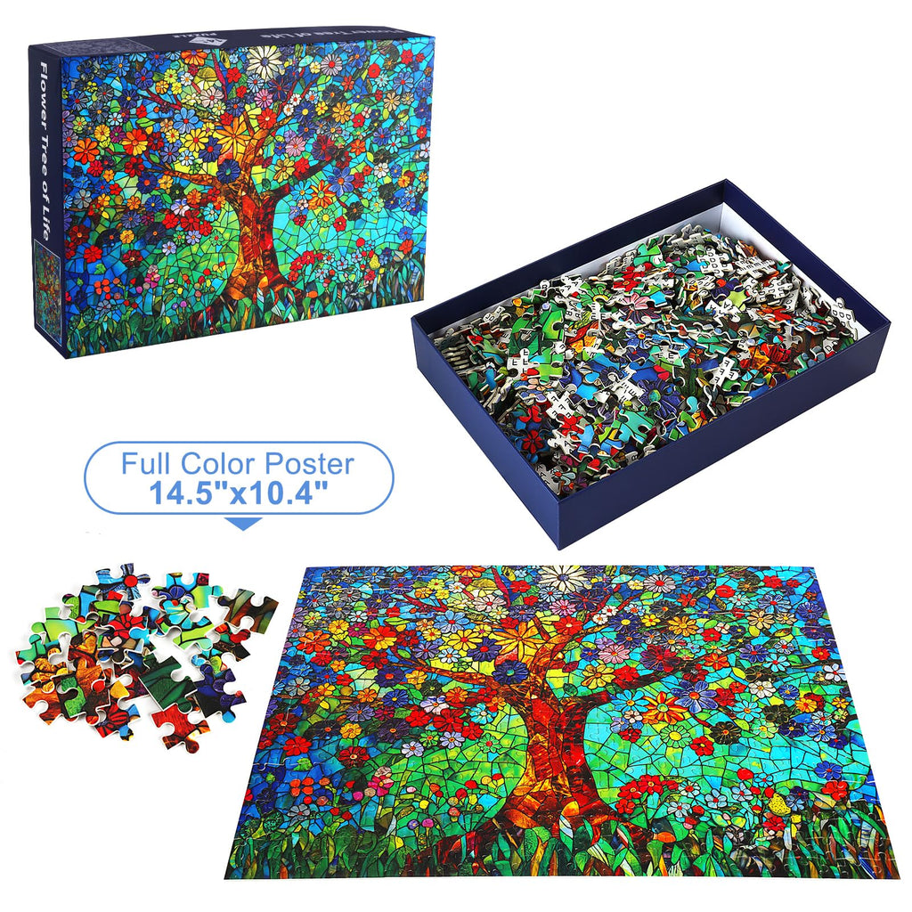 500 Piece Puzzles for Adults – Stained Glass Tree of Life Mosaic Jigsaw with Letters on Back, 21x15 Inch