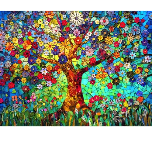 500 Piece Puzzles for Adults – Stained Glass Tree of Life Mosaic Jigsaw with Letters on Back, 21x15 Inch