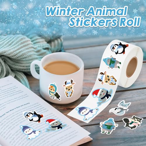 500 Winter Animal Stickers Roll – Arctic Polar Bear, Penguin & More by Kirako