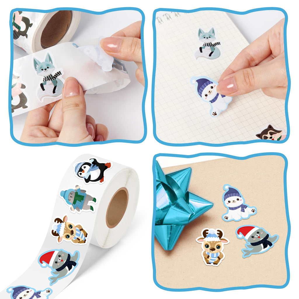 500 Winter Animal Stickers Roll – Arctic Polar Bear, Penguin & More by Kirako