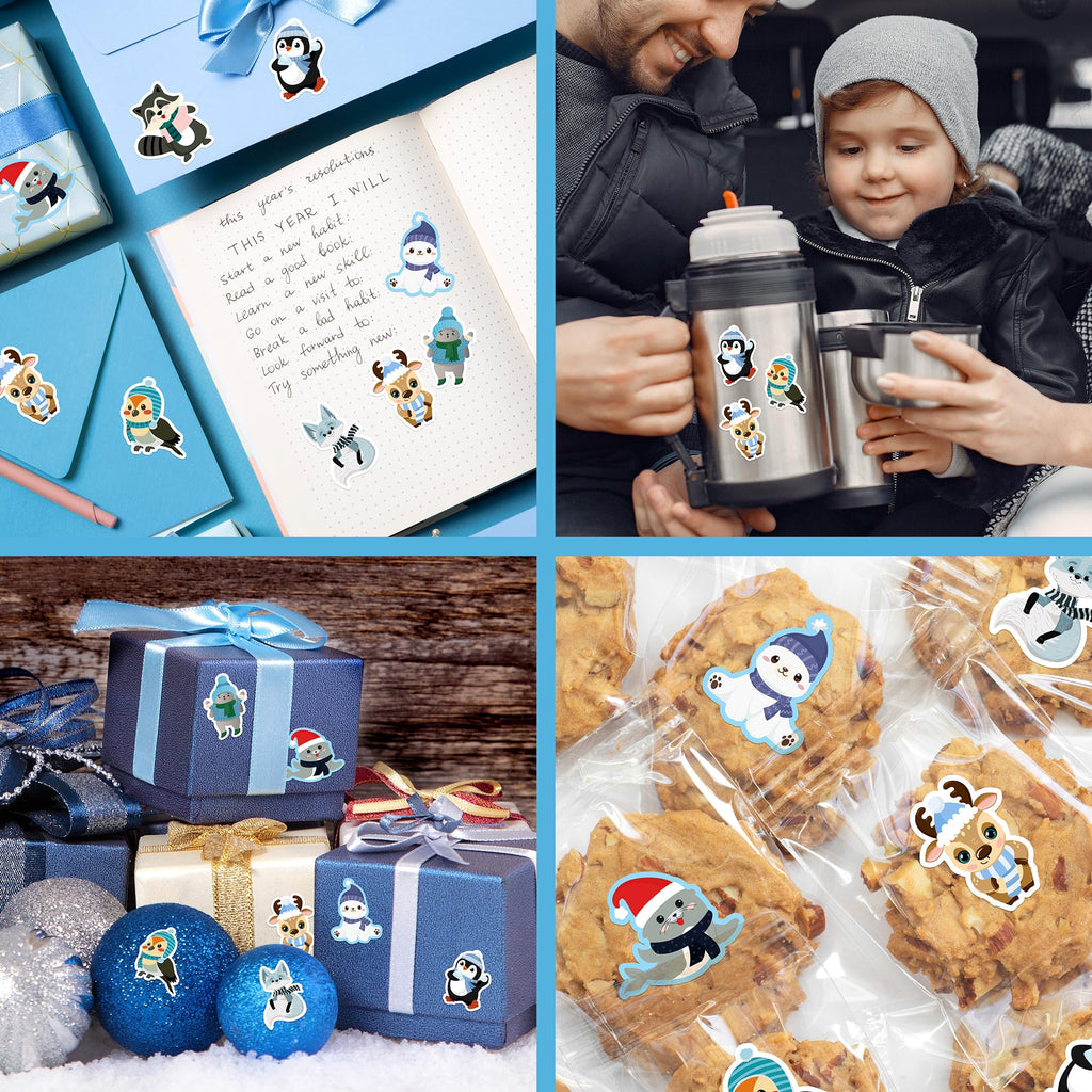 500 Winter Animal Stickers Roll – Arctic Polar Bear, Penguin & More by Kirako