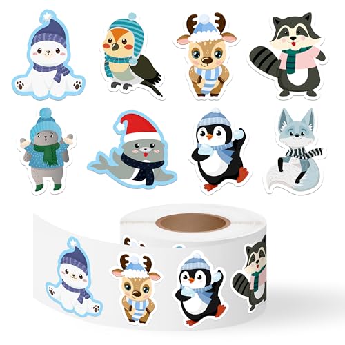 500 Winter Animal Stickers Roll – Arctic Polar Bear, Penguin & More by Kirako