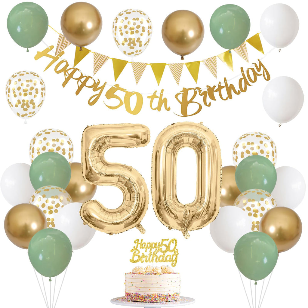 50th Birthday Decorations Sage Green White Gold Balloons Set with Number 50 Foil Banners