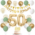 50th Birthday Decorations Sage Green White Gold Balloons Set with Number 50 Foil Banners