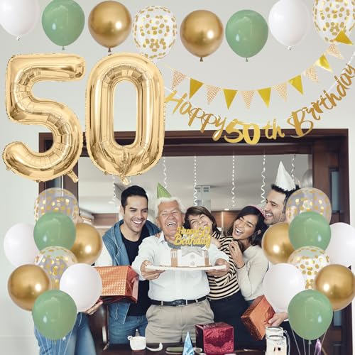50th Birthday Decorations Sage Green White Gold Balloons Set with Number 50 Foil Banners