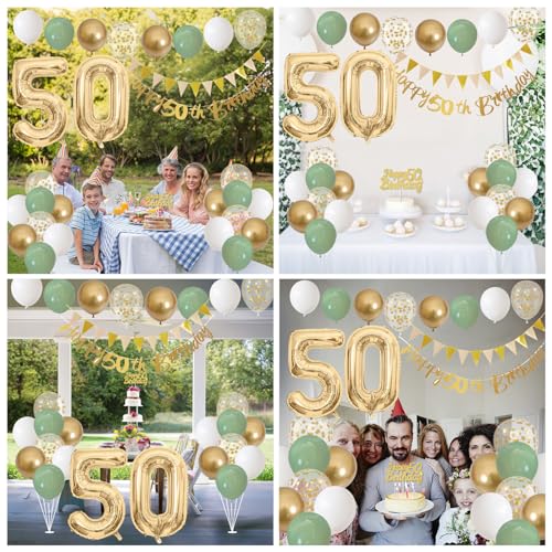 50th Birthday Decorations Sage Green White Gold Balloons Set with Number 50 Foil Banners