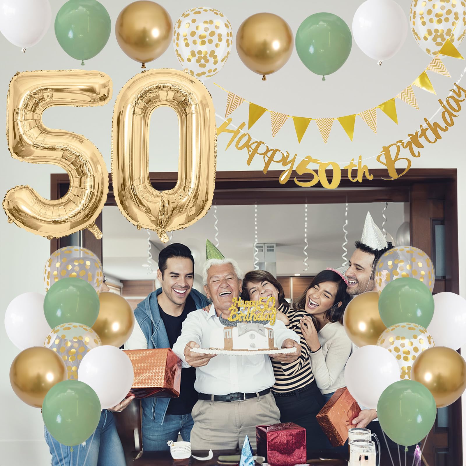 50th Birthday Decorations Sage Green White Gold Balloons Set with Number 50 Foil Banners