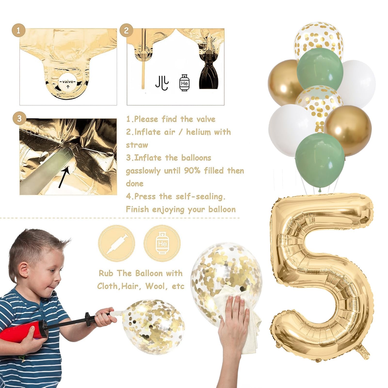 50th Birthday Decorations Sage Green White Gold Balloons Set with Number 50 Foil Banners