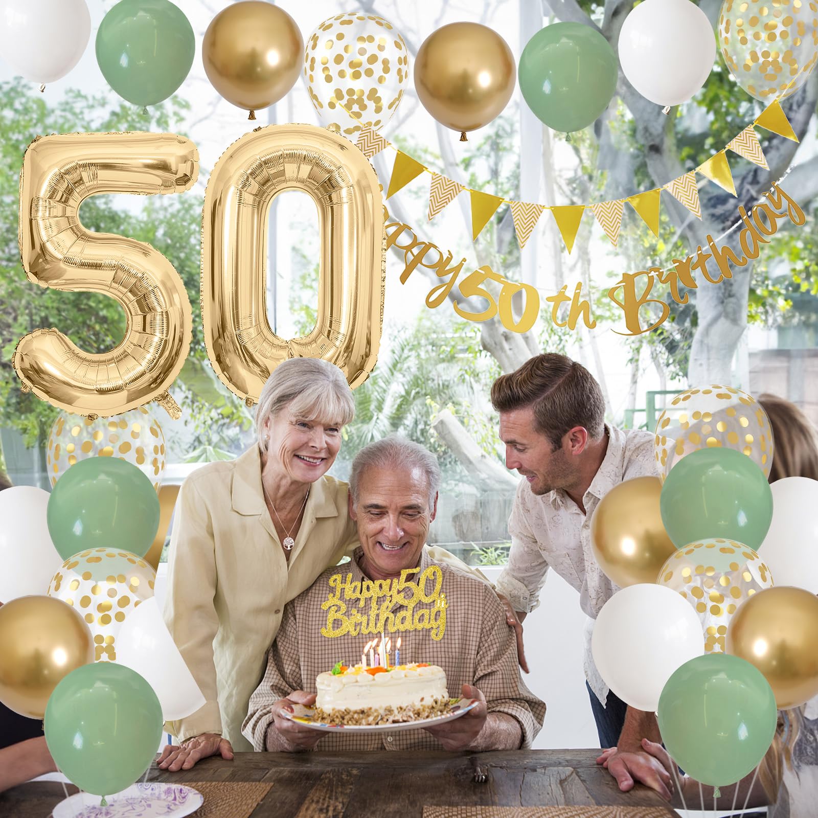 50th Birthday Decorations Sage Green White Gold Balloons Set with Number 50 Foil Banners