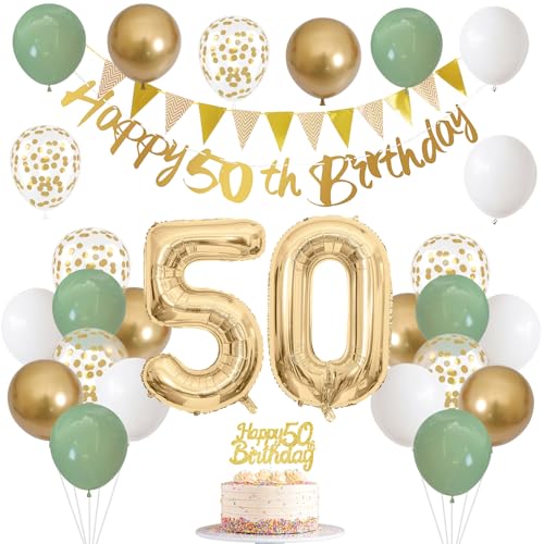 50th Birthday Decorations Sage Green White Gold Balloons Set with Number 50 Foil Banners