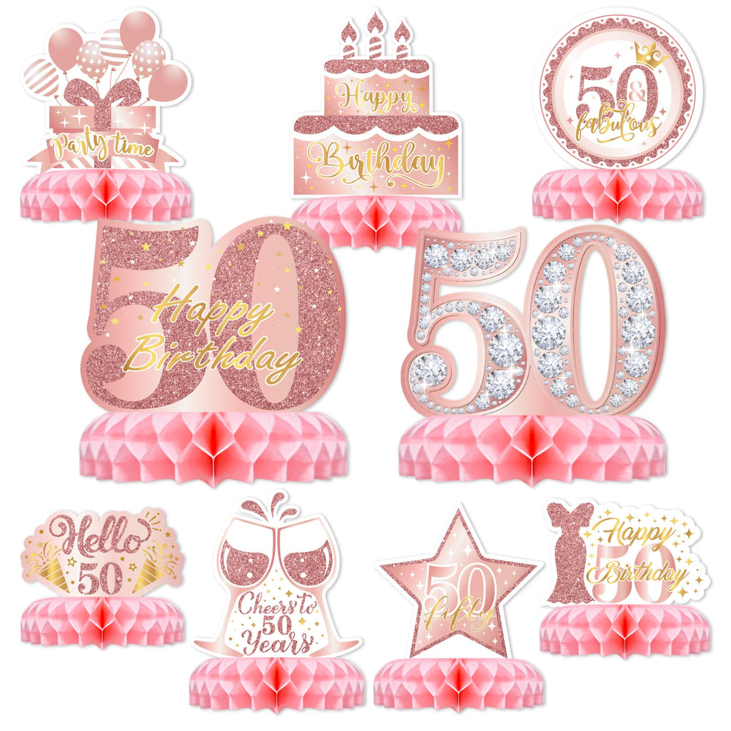 50th Birthday Table Decorations for Women – 9-Piece Rose Gold & Pink Glitter Honeycomb Centerpieces by TMTECHJS