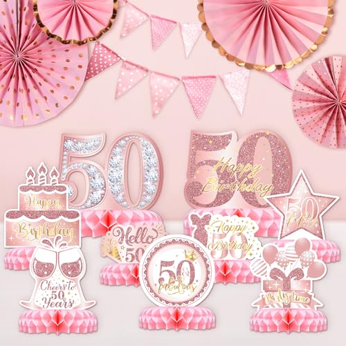 50th Birthday Table Decorations for Women – 9-Piece Rose Gold & Pink Glitter Honeycomb Centerpieces by TMTECHJS
