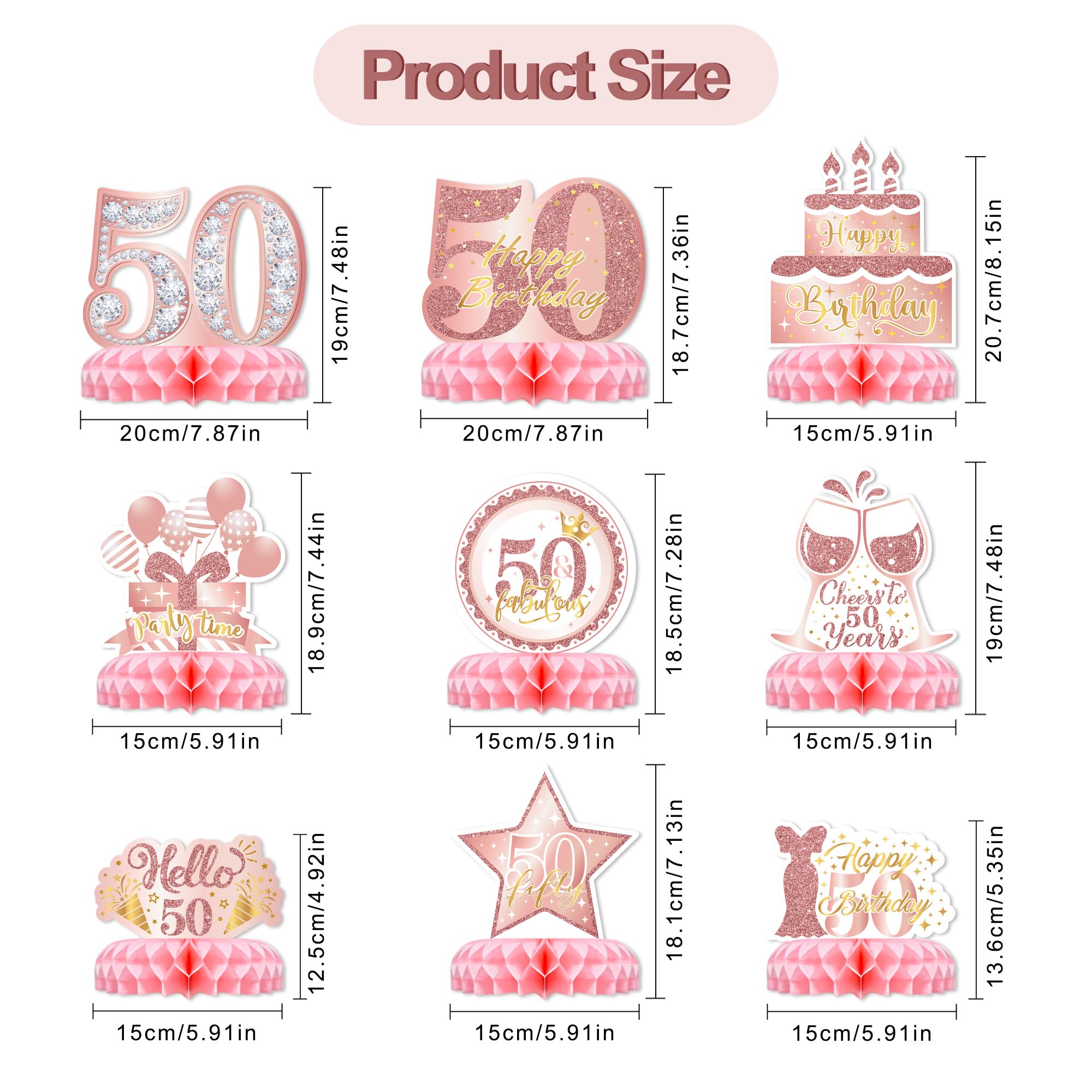 50th Birthday Table Decorations for Women – 9-Piece Rose Gold & Pink Glitter Honeycomb Centerpieces by TMTECHJS