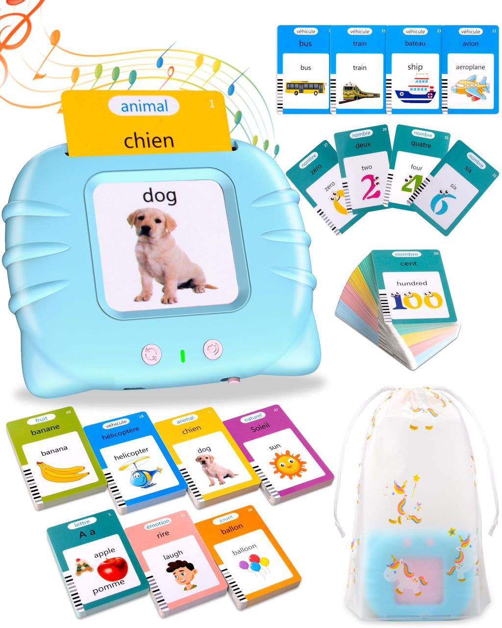 510 Words French Flash Cards for Kids – Bilingual Toddler Learning Toy with 31 Themes, Rechargeable, Screen-Free (Blue)