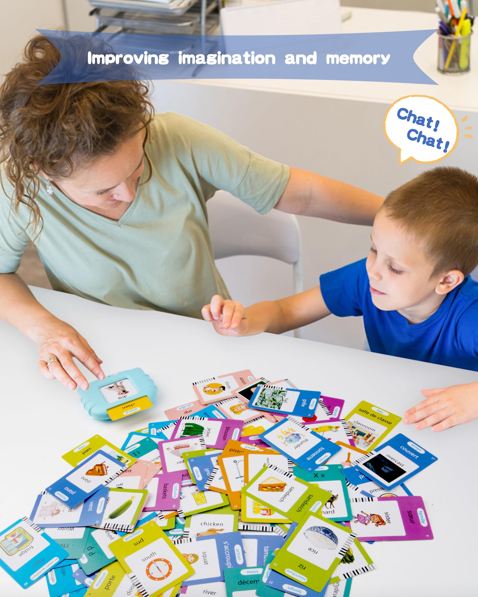 510 Words French Flash Cards for Kids – Bilingual Toddler Learning Toy with 31 Themes, Rechargeable, Screen-Free (Blue)