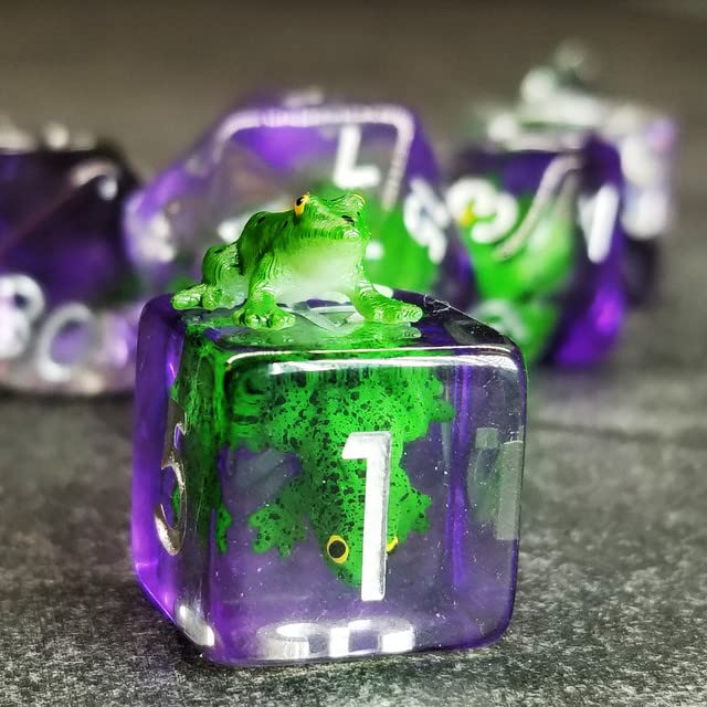 Sage's Portal Frog Familiar Resin Polyhedral Dice Set – D&D RPG Dice with Green Frog Inclusions