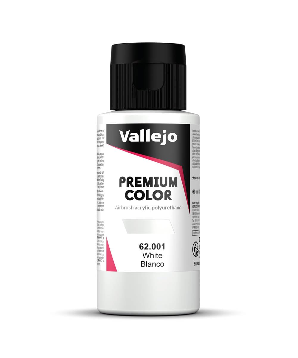 Vallejo White Premium RC Paint – Water-Based Acrylic Polyurethane for Lexan, Metal & Plastic – 60ml, Matte, Fuel Resistant