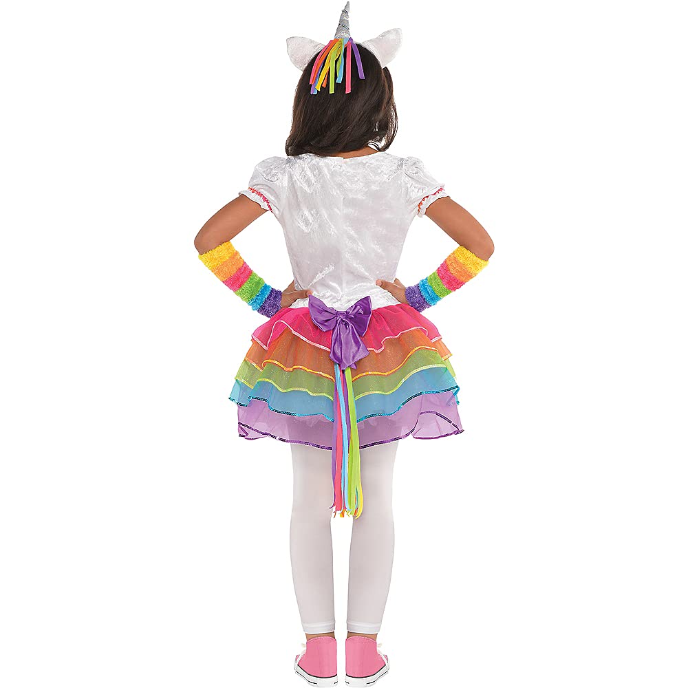 Amscan Rainbow Unicorn Costume for Girls, Size 4-6 – Dress, Headband & Warmers Set