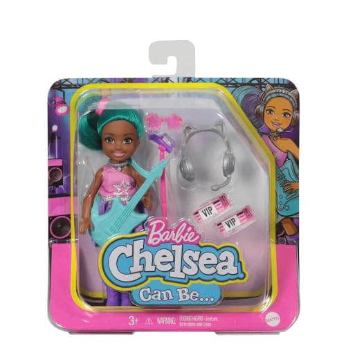 Barbie Chelsea Rockstar Playset – 6-in Brunette Doll with Guitar, Microphone, Headphones, VIP Tickets & Star Glasses, Gift for Ages 3+