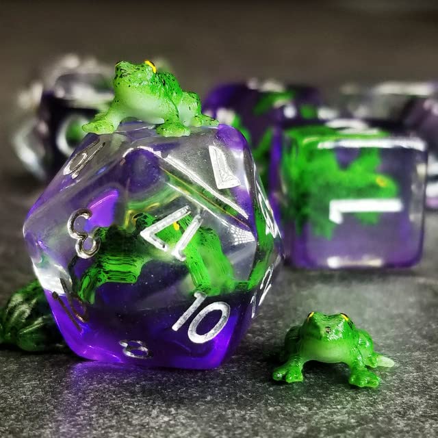Sage's Portal Frog Familiar Resin Polyhedral Dice Set – D&D RPG Dice with Green Frog Inclusions