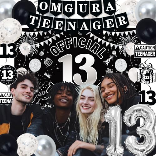 TAOTOSUNE 13th Birthday Decorations Kit for Teens – Black White Silver Theme with Banner, Backdrop, Foil Balloons, and More